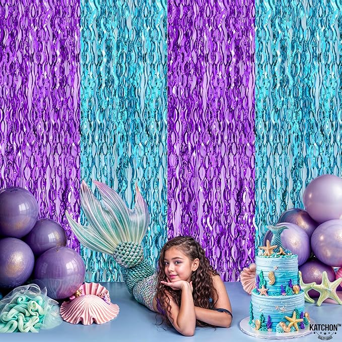 KatchOn, Large Wavy Purple and Blue Fringe Curtain - Pack of 2 | Mermaid Birthday Decorations, Beach Party Decoration | Purple and Blue Foil Fringe for Under The Sea Party Decorations