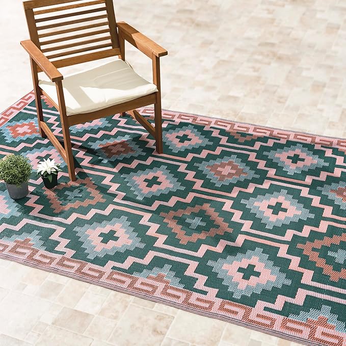 Fab Habitat Outdoor Rug - Waterproof, Fade Resistant, Crease-Free, Reversible - Premium Recycled Plastic - Vintage Boho Kilim - Patio, Porch, Deck, Balcony - Lhasa - Green - 5 x 8 ft