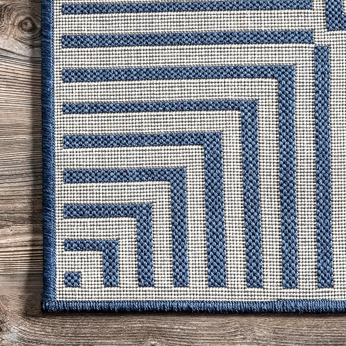 Nuloom Asha Navy/Ivory, 8' Square, Casual, Striped Border, Soft and Cozy, High Traffic, Stain Resistant, Easy Clean, Durable Area Rug for Indoor/Outdoor Patio, Deck, Porch, Garden, Courtyard