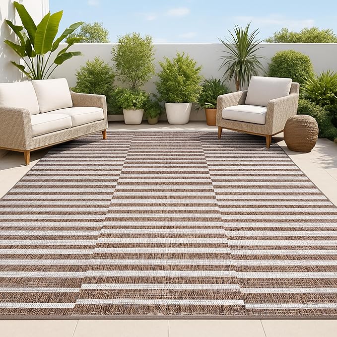 JONATHAN Y Offset Stripe Indoor Outdoor Area Rug 4X6 Brown/Beige, Sukie Modern for Backyard, Patio, Porch, Easy-Cleaning, High Traffic, Pet-Friendly, Non-Shedding (SMB133B-4)