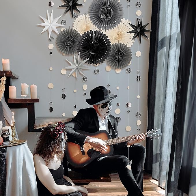 Cheerland Black White Star Party Decorations Gothic Summerween Decor Garland Glitter Hanging Paper Fan Dots Circle Backdrop Stars Steamer Banner Party Photobooth Background Birthday Party Supplies