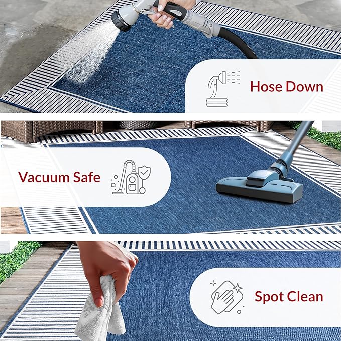 Nuloom Asha Navy/Ivory, 8' x 10', Casual, Striped Border, Soft and Cozy, High Traffic, Stain Resistant, Easy Clean, Durable Area Rug for Indoor/Outdoor Patio, Deck, Porch, Garden, Courtyard