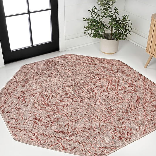 JONATHAN Y Boho Medallion Indoor Outdoor Octagon Area Rug 8 Ft Red/Taupe, Estrella Textured Weave for Backyard, Patio, Porch, Easy-Cleaning, High Traffic, Pet-Friendly, Non-Shedding (SMB105A-8TGN)