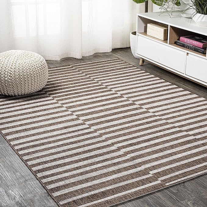JONATHAN Y Offset Stripe Indoor Outdoor Area Rug 4X6 Brown/Beige, Sukie Modern for Backyard, Patio, Porch, Easy-Cleaning, High Traffic, Pet-Friendly, Non-Shedding (SMB133B-4)