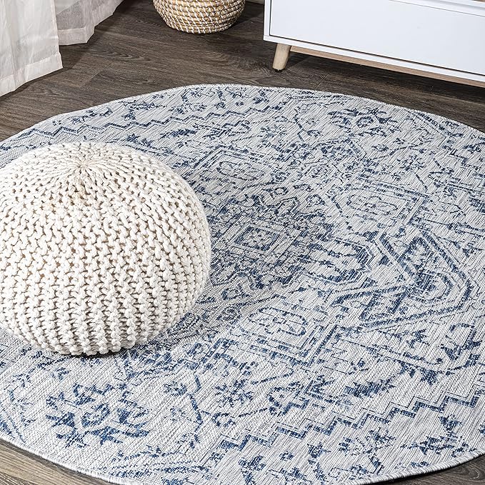 JONATHAN Y Boho Medallion Indoor Outdoor Round Area Rug 4 Ft Navy/Gray, Estrella Textured Weave for Backyard, Patio, Porch, Easy-Cleaning, High Traffic, Pet-Friendly, Non-Shedding (SMB105B-4R)