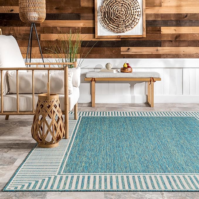 Nuloom Asha Teal/Ivory, 6'7" x 9', Casual, Striped Border, Soft and Cozy, High Traffic, Stain Resistant, Easy Clean, Durable Area Rug for Indoor/Outdoor Patio, Deck, Porch, Garden, Courtyard