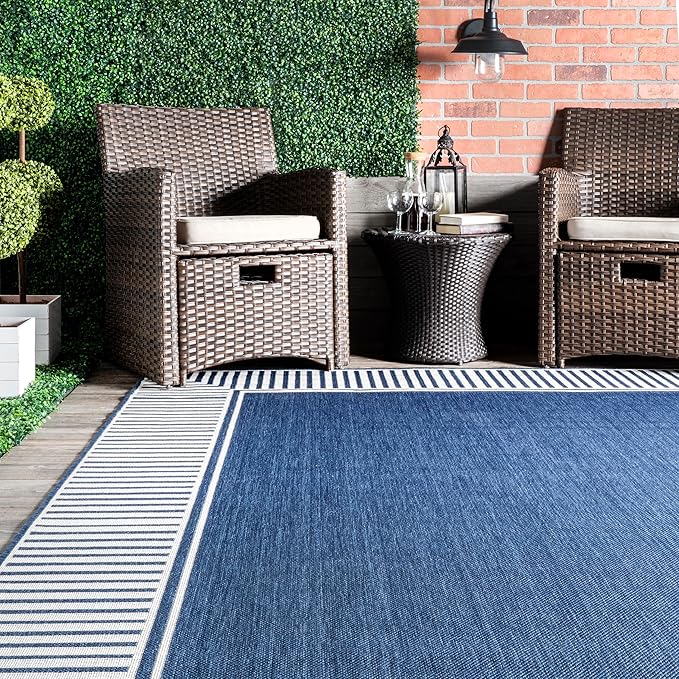 Nuloom Asha Navy/Ivory, 8' x 10', Casual, Striped Border, Soft and Cozy, High Traffic, Stain Resistant, Easy Clean, Durable Area Rug for Indoor/Outdoor Patio, Deck, Porch, Garden, Courtyard