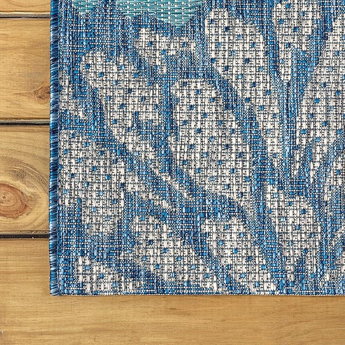 JONATHAN Y Floral Textured Weave Indoor Outdoor Square Area Rug 5X5 Navy/Aqua, Zinnia Modern for Backyard, Patio, Porch, Easy-Cleaning, High Traffic, Pet-Friendly, Non-Shedding (SMB110C-5SQ)
