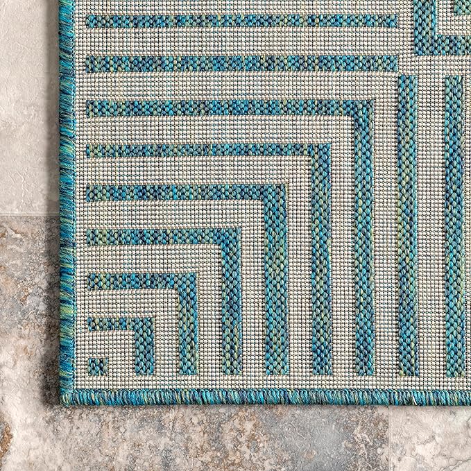Nuloom Asha Teal/Ivory, 6'7" x 9', Casual, Striped Border, Soft and Cozy, High Traffic, Stain Resistant, Easy Clean, Durable Area Rug for Indoor/Outdoor Patio, Deck, Porch, Garden, Courtyard