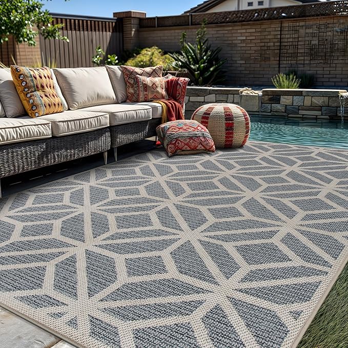 Rugshop Blue Contemporary Geometric Indoor/Outdoor Area Rug — Hose Washable for Living Room, Dining Room and Bedroom, 5' x 7'