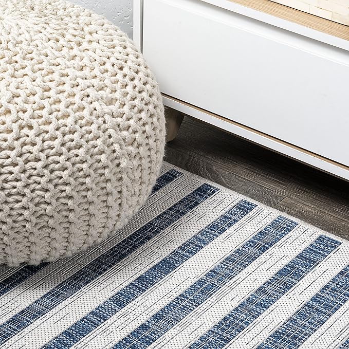 JONATHAN Y Offset Stripe Indoor Outdoor Area Rug 8X10 Ivory/Blue, Sukie Modern for Backyard, Patio, Porch, Easy-Cleaning, High Traffic, Pet-Friendly, Non-Shedding (SMB133C-8)