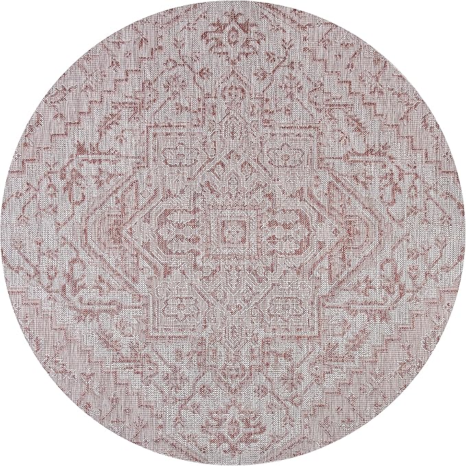 JONATHAN Y Boho Medallion Indoor Outdoor Round Area Rug 3 Ft Red/Taupe, Estrella Textured Weave for Backyard, Patio, Porch, Easy-Cleaning, High Traffic, Pet-Friendly, Non-Shedding (SMB105A-3R)