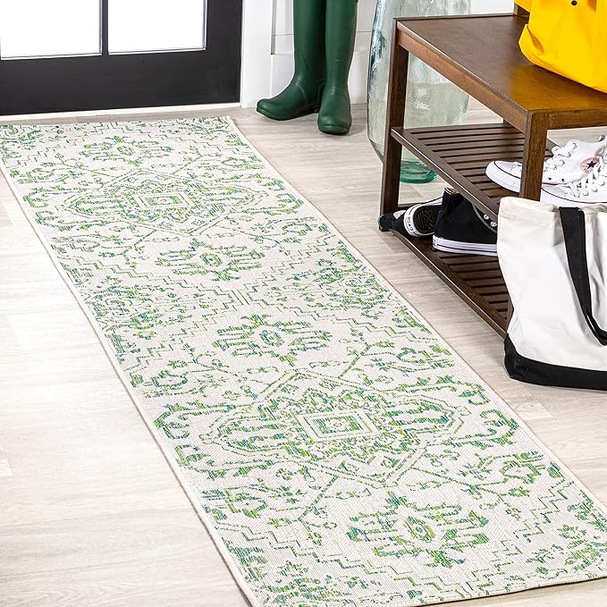 JONATHAN Y Boho Medallion Indoor Outdoor Runner Rug 2X10 Green/Cream, Estrella Textured Weave for Backyard, Patio, Porch, Easy-Cleaning, High Traffic, Pet-Friendly, Non-Shedding (SMB105G-210)