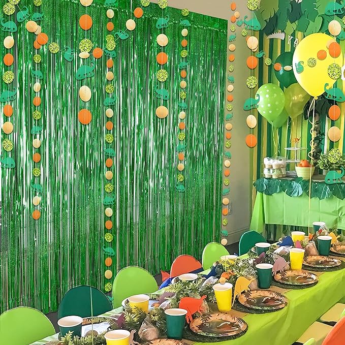 Cheerland Dino Party Decorations Green Tinsel Foil Fringe Curtain Dinosaur 1st Birthday Party Photo Backdrop Jurassic Themed Garland Streamers Banner Baby Shower Hanging Entrance Door Decor Supplies