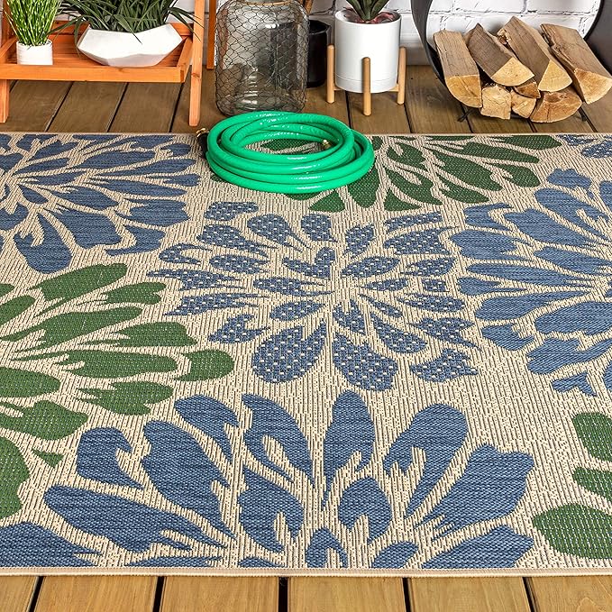 JONATHAN Y Floral Textured Weave Indoor Outdoor Area Rug 8X10 Navy/Green, Zinnia Modern for Backyard, Patio, Porch, Easy-Cleaning, High Traffic, Pet-Friendly, Non-Shedding (SMB110B-8)