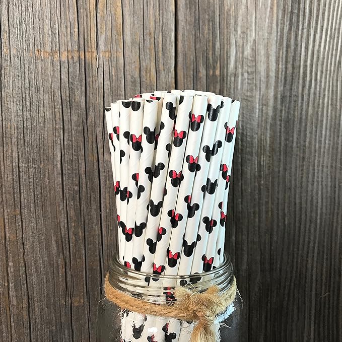 Mickey and Minnie Mouse Inspired Paper Straws - Black Red White - 7.75 Inches - 100 Pack - Outside the Box Papers Brand