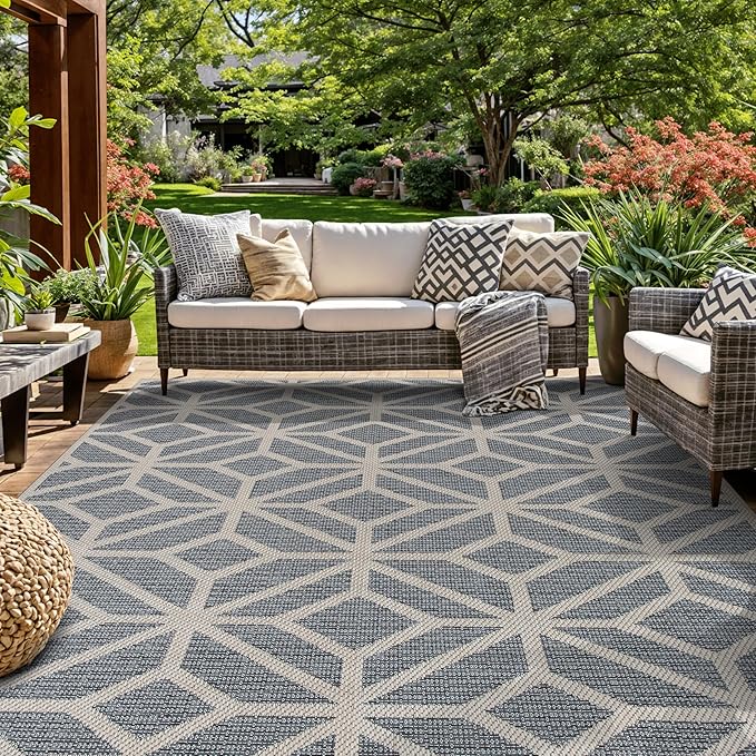 Rugshop Blue Contemporary Geometric Indoor/Outdoor Area Rug — Hose Washable for Living Room, Dining Room and Bedroom, 5' x 7'