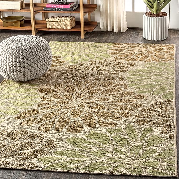 JONATHAN Y Floral Textured Weave Indoor Outdoor Area Rug 4X6 Sage/Brown, Zinnia Modern for Backyard, Patio, Porch, Easy-Cleaning, High Traffic, Pet-Friendly, Non-Shedding (SMB110A-4)