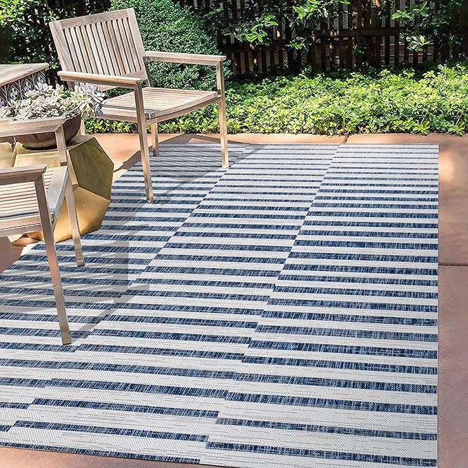 JONATHAN Y Offset Stripe Indoor Outdoor Area Rug 8X10 Ivory/Blue, Sukie Modern for Backyard, Patio, Porch, Easy-Cleaning, High Traffic, Pet-Friendly, Non-Shedding (SMB133C-8)