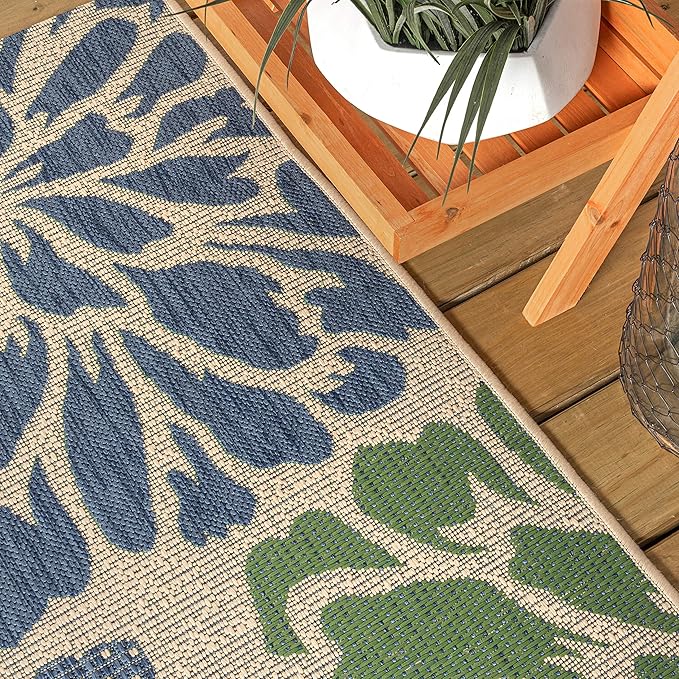 JONATHAN Y Floral Textured Weave Indoor Outdoor Runner Rug 2X10 Navy/Green, Zinnia Modern for Backyard, Patio, Porch, Easy-Cleaning, High Traffic, Pet-Friendly, Non-Shedding (SMB110B-210)