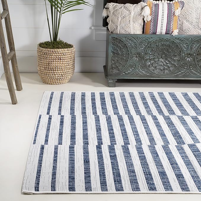 JONATHAN Y Offset Stripe Indoor Outdoor Area Rug 8X10 Ivory/Blue, Sukie Modern for Backyard, Patio, Porch, Easy-Cleaning, High Traffic, Pet-Friendly, Non-Shedding (SMB133C-8)