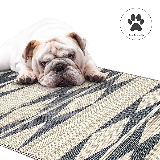 Fab Habitat Outdoor Rug - Waterproof, Fade Resistant, Crease-Free - Premium Recycled Plastic - Neutral Geometric Tribal - Patio, Porch, Deck, Balcony - Cairo - Natural & Black - 5 x 8 ft