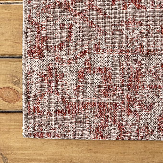JONATHAN Y Boho Medallion Indoor Outdoor Square Area Rug 8X8 Red/Taupe, Estrella Textured Weave for Backyard, Patio, Porch, Easy-Cleaning, High Traffic, Pet-Friendly, Non-Shedding (SMB105A-8SQ)