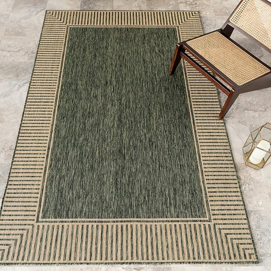 Nuloom Asha Green/Brown, 4' x 6', Casual, Striped Border, Soft and Cozy, High Traffic, Stain Resistant, Easy Clean, Durable Area Rug for Indoor/Outdoor Patio, Deck, Porch, Garden, Courtyard