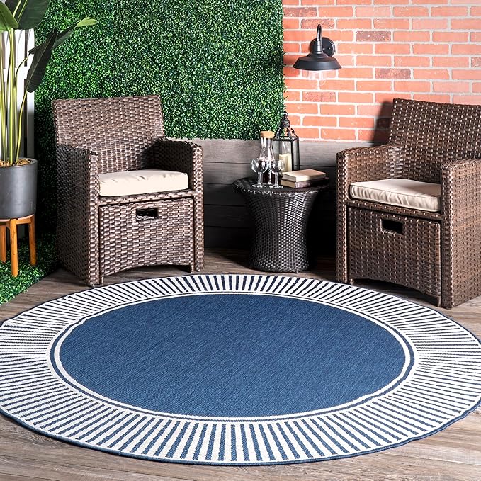 Nuloom Asha Navy/Ivory, 6'7" Round, Casual, Striped Border, Soft and Cozy, High Traffic, Stain Resistant, Easy Clean, Durable Area Rug for Indoor/Outdoor Patio, Deck, Porch, Garden, Courtyard