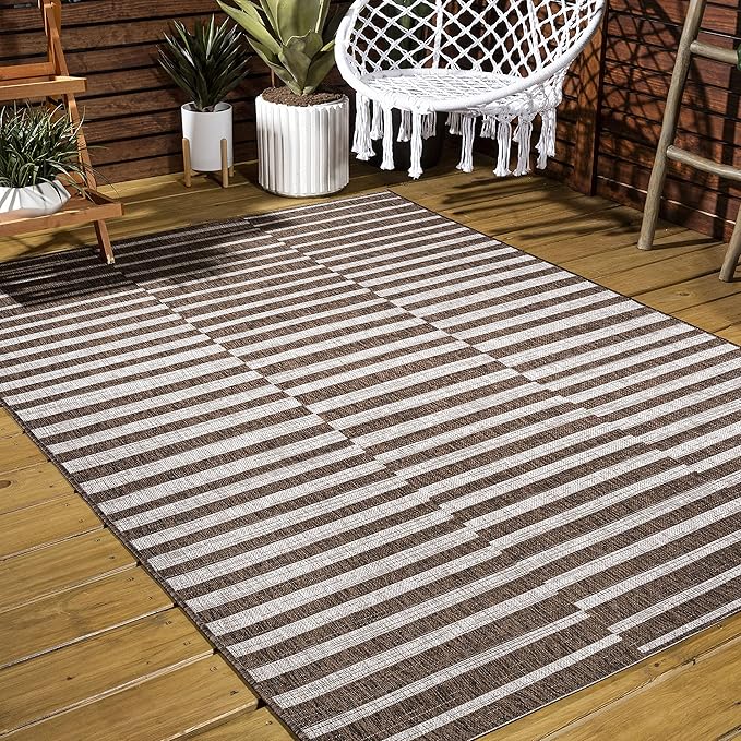 JONATHAN Y Offset Stripe Indoor Outdoor Area Rug 8X10 Brown/Beige, Sukie Modern for Backyard, Patio, Porch, Easy-Cleaning, High Traffic, Pet-Friendly, Non-Shedding (SMB133B-8)
