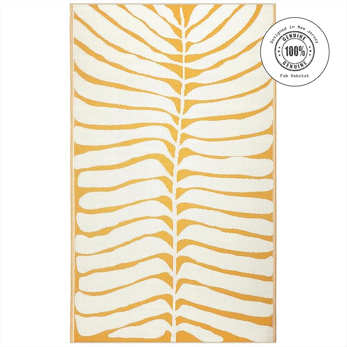Fab Habitat Tropical Botanical Floral Outdoor Rug - Waterproof, Crease-Free Fade Resistant, Reversible - Recycled Plastic - Patio Porch Balcony Deck Yard Garden - Hilo Honey - 5x8 ft