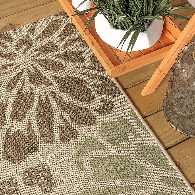 JONATHAN Y Floral Textured Weave Indoor Outdoor Square Area Rug 5X5 Sage/Brown, Zinnia Modern for Backyard, Patio, Porch, Easy-Cleaning, High Traffic, Pet-Friendly, Non-Shedding (SMB110A-5SQ)