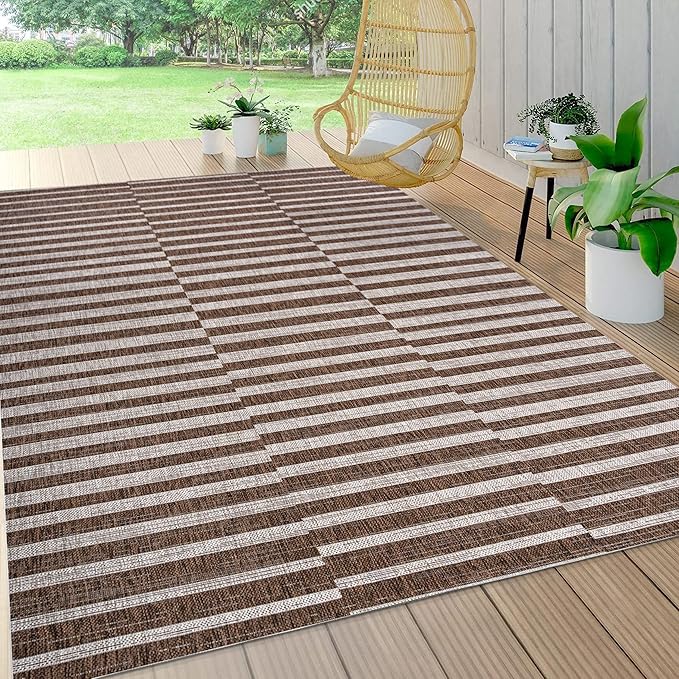 JONATHAN Y Offset Stripe Indoor Outdoor Area Rug 4X6 Brown/Beige, Sukie Modern for Backyard, Patio, Porch, Easy-Cleaning, High Traffic, Pet-Friendly, Non-Shedding (SMB133B-4)