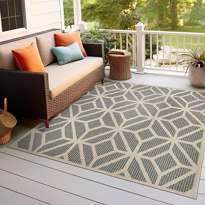 Rugshop Blue Contemporary Geometric Indoor/Outdoor Area Rug — Hose Washable for Dining Room, Kitchen and Office, 6'6" x 6'6" Square