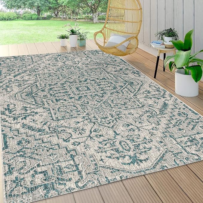 JONATHAN Y Boho Medallion Indoor Outdoor Area Rug 8X10 Teal/Gray, Estrella Textured Weave for Backyard, Patio, Porch, Easy-Cleaning, High Traffic, Pet-Friendly, Non-Shedding (SMB105C-8)