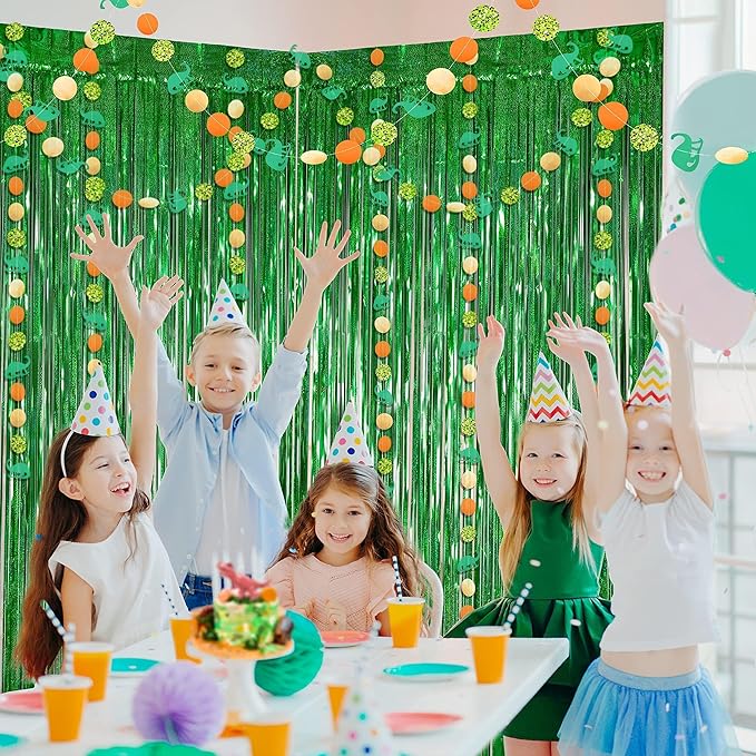 Cheerland Dino Party Decorations Green Tinsel Foil Fringe Curtain Dinosaur 1st Birthday Party Photo Backdrop Jurassic Themed Garland Streamers Banner Baby Shower Hanging Entrance Door Decor Supplies