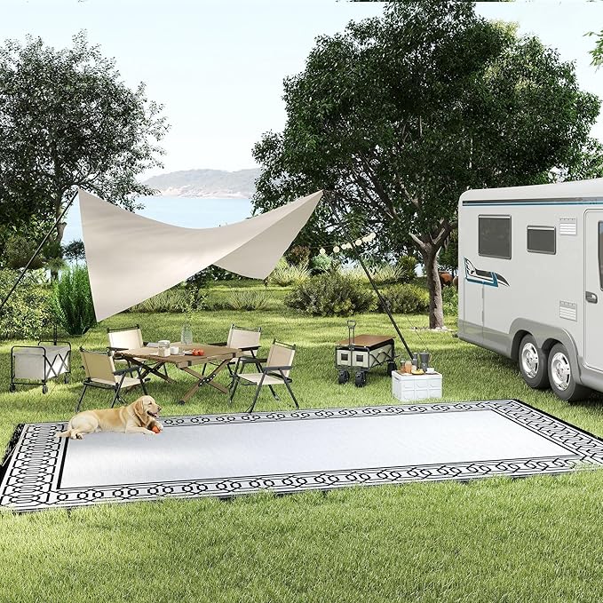Outsunny Outdoor Rug for Patio, 9' x 18' Waterproof Large Mat, Reversible Plastic Straw Rug for Decor, Portable Outside RV Camping Area Carpet Mat for Backyard Porch Deck Picnic, Black & Gray Border