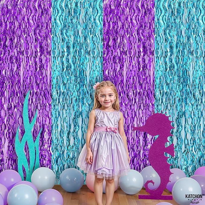 KatchOn, Large Wavy Purple and Blue Fringe Curtain - Pack of 2 | Mermaid Birthday Decorations, Beach Party Decoration | Purple and Blue Foil Fringe for Under The Sea Party Decorations