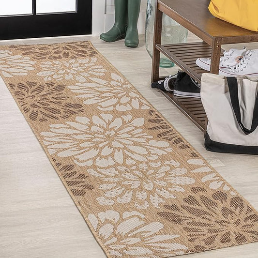 JONATHAN Y Floral Textured Weave Indoor Outdoor Runner Rug 2X10 Brown/Cream, Zinnia Modern for Backyard, Patio, Porch, Easy-Cleaning, High Traffic, Pet-Friendly, Non-Shedding (SMB110I-210)