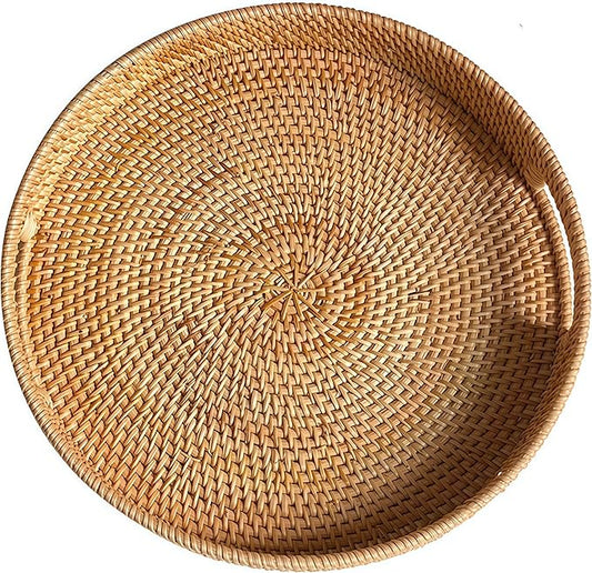 14" Round Rattan Tray, Hand Woven Serving Tray with Handles, Wicker Serving Basket, Decorative Tray for Home Decor, Natural