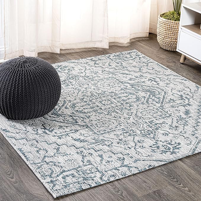 JONATHAN Y Boho Medallion Indoor Outdoor Square Area Rug 4X4 Teal/Gray, Estrella Textured Weave for Backyard, Patio, Porch, Easy-Cleaning, High Traffic, Pet-Friendly, Non-Shedding (SMB105C-4SQ)