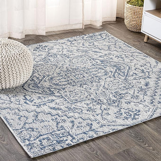 JONATHAN Y Boho Medallion Indoor Outdoor Square Area Rug 6X6 Navy/Gray, Estrella Textured Weave for Backyard, Patio, Porch, Easy-Cleaning, High Traffic, Pet-Friendly, Non-Shedding (SMB105B-6SQ)