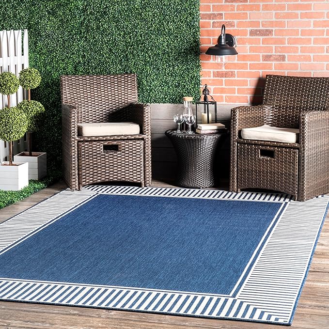 Nuloom Asha Navy/Ivory, 8' x 10', Casual, Striped Border, Soft and Cozy, High Traffic, Stain Resistant, Easy Clean, Durable Area Rug for Indoor/Outdoor Patio, Deck, Porch, Garden, Courtyard