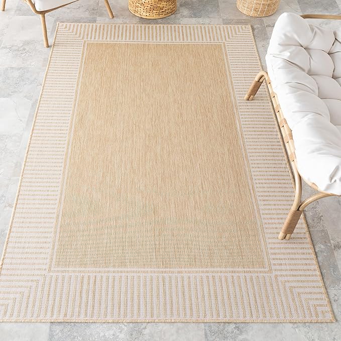 Nuloom Asha Tan/Ivory, 10' x 14', Casual, Striped Border, Soft and Cozy, High Traffic, Stain Resistant, Easy Clean, Durable Area Rug for Indoor/Outdoor Patio, Deck, Porch, Garden, Courtyard