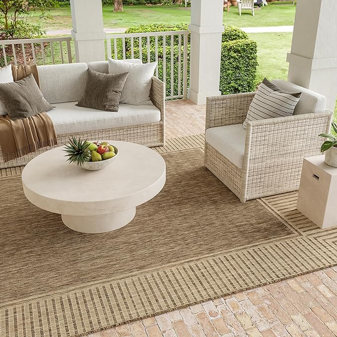 Nuloom Asha Light Brown/Ivory, 8' Round, Casual, Striped Border, Soft and Cozy, High Traffic, Stain Resistant, Easy Clean, Durable Area Rug for Indoor/Outdoor Patio, Deck, Porch, Garden, Courtyard