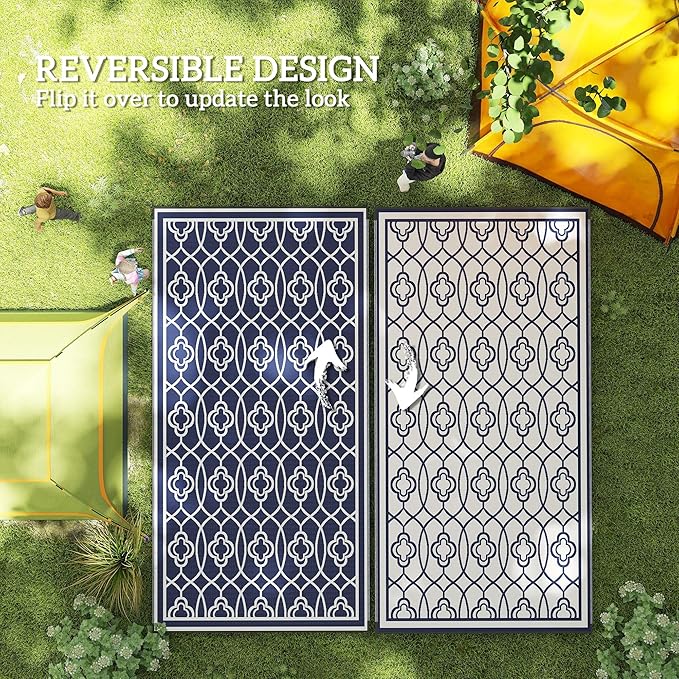 Outsunny Outdoor Rug for Patio, 9' x 18' Waterproof Large Mat, Reversible Plastic Straw Rug for Decor, Portable Outside RV Camping Area Carpet Mat for Backyard Porch Deck Picnic, Blue & White Lantern