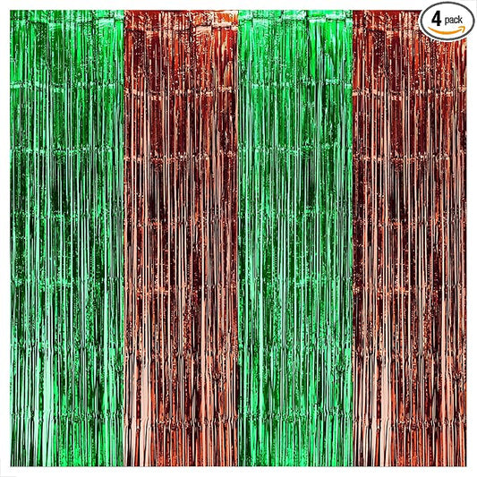 KatchOn, XtraLarge Green and Brown Backdrop - 3.25x 8 Feet, Pack of 4 | Green and Brown Fringe Backdrop Curtains for Football Party Decorations | Foil Fringe Curtains for Dinosaur Birthday Decor