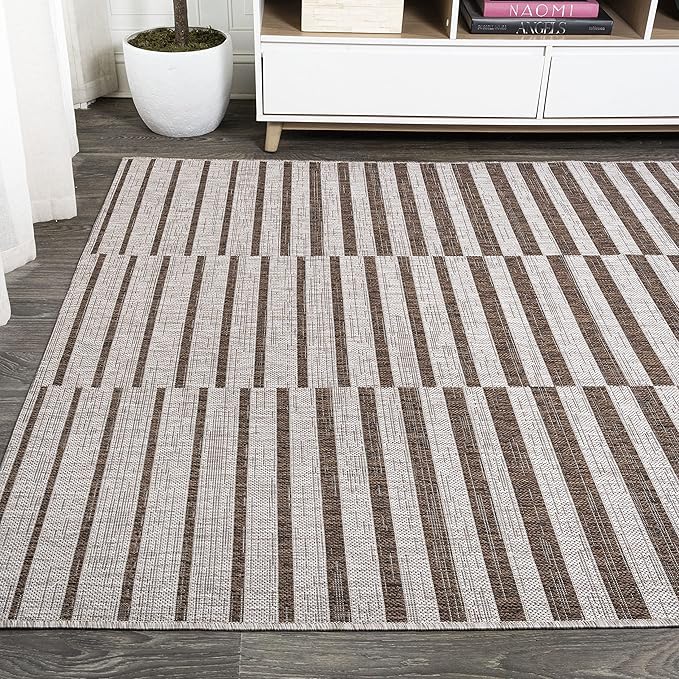 JONATHAN Y Offset Stripe Indoor Outdoor Area Rug 8X10 Beige/Brown, Sukie Modern for Backyard, Patio, Porch, Easy-Cleaning, High Traffic, Pet-Friendly, Non-Shedding (SMB133A-8)