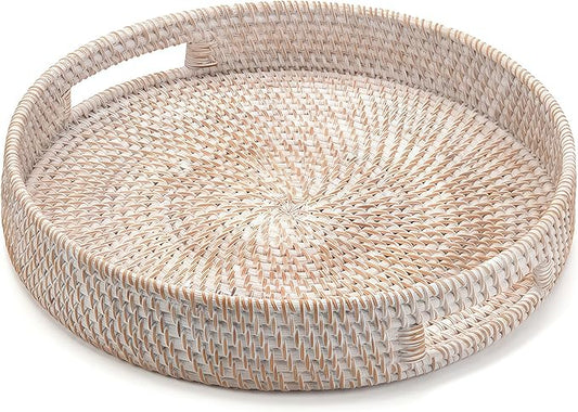 14" Round Rattan Tray, Hand Woven Serving Tray with Handles, Wicker Serving Basket, Decorative Tray for Home Decor, Whitewash