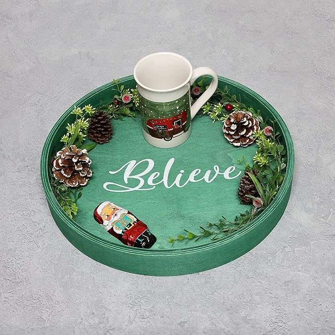 Elegant Designs HG2013-GBL Christmas Decorative 13.75'' Round Wood Serving Tray w/Handles, Green Believe